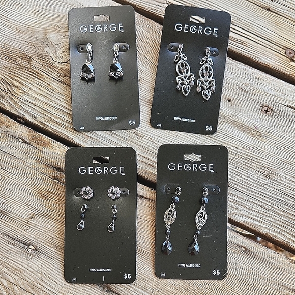 George Jewelry - George Womens Earrings 5 Pc Set Dangle Studs with Silver Black Tones Rhinestones